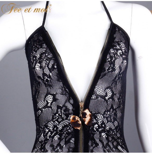 FEE ET MOI Sexy Leopard Print Suspender Fishnet Bodysuit With Stockings (Black) FEE ET MOI Sexy Leopard Print Suspender Fishnet Bodysuit With Stockings (Black)